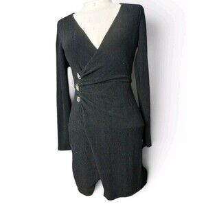 adl Night Zoom Black Wrap Mini Dress XS Long Sleeve V Neck Rhinestone Buttons